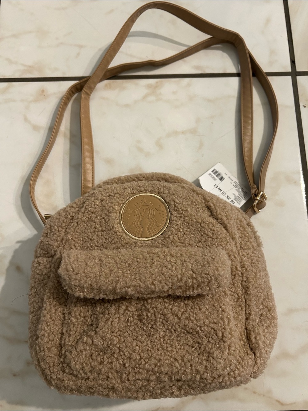 Starbucks Beige Sherpa Crossbody Bag with Gold Emblem